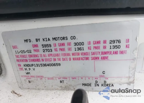 2003 Kia Sedona Ex/Lx from USA, damaged, VIN KNDUP131536400659